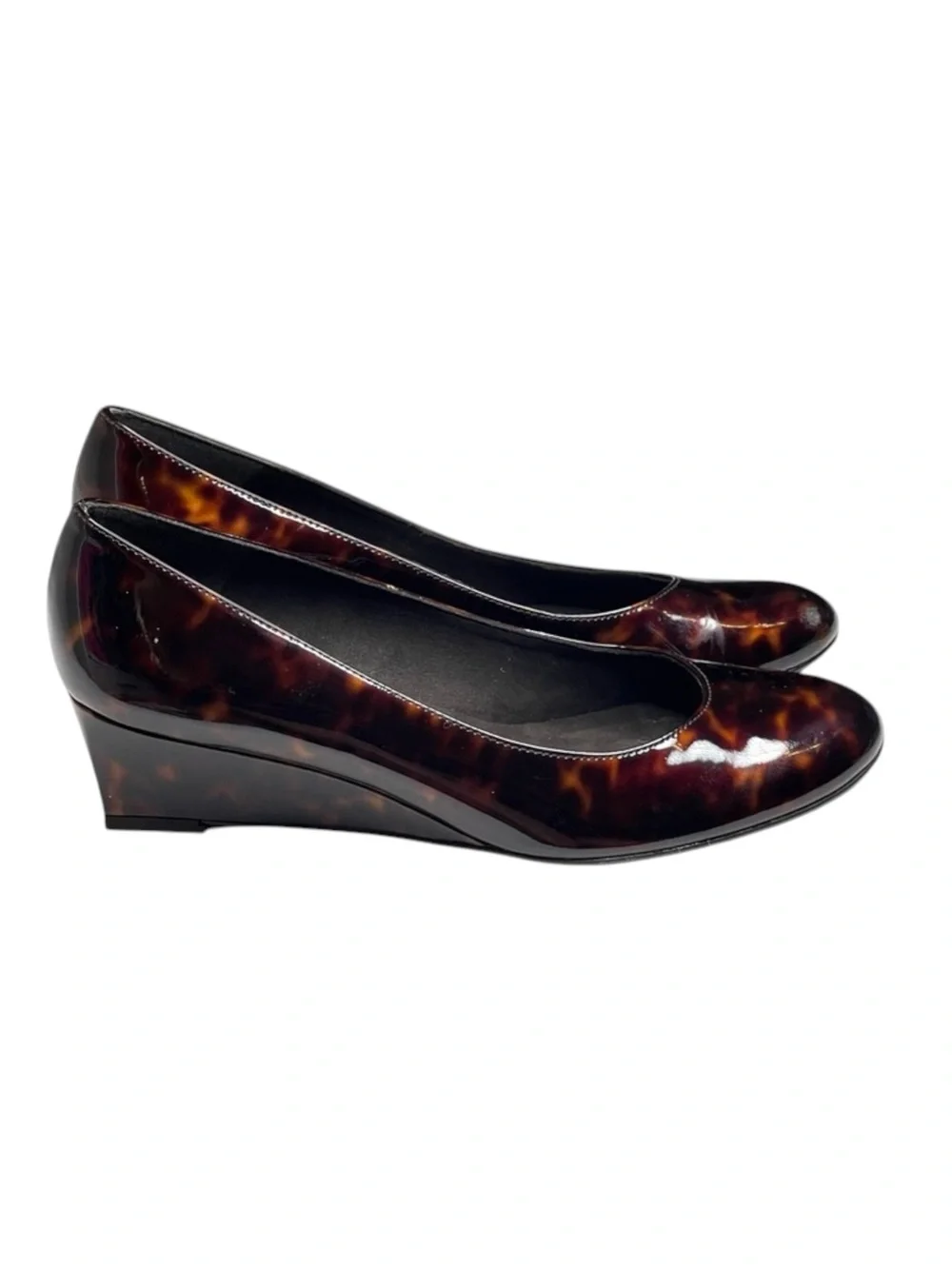 new Stuart Weitzman ᪥ Nusimple Patent Demi Wedge Heel Loafer ᪥ Cognac Tortoise 7